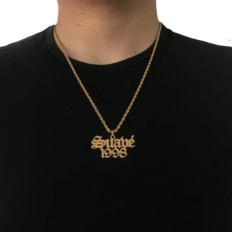 Personalized Name & Date Necklace, Old English Letter Jewelry