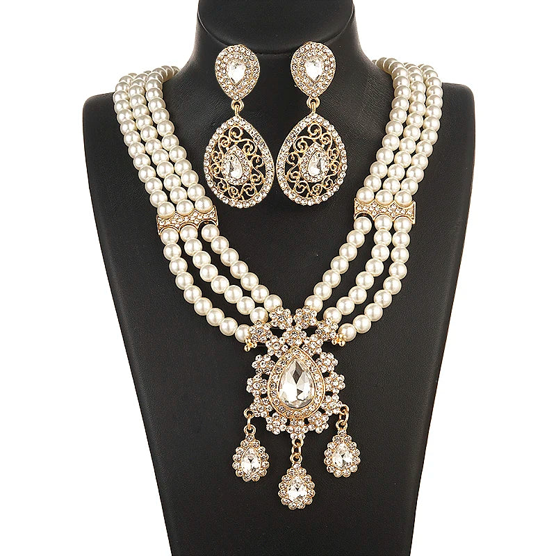 Water Drop Pendant Necklace Pearls Tassels Layered Necklace