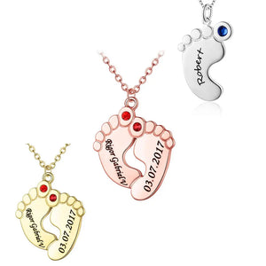 Twins Birthstone Name Necklace for Women - Baby Feet Pendant Necklace