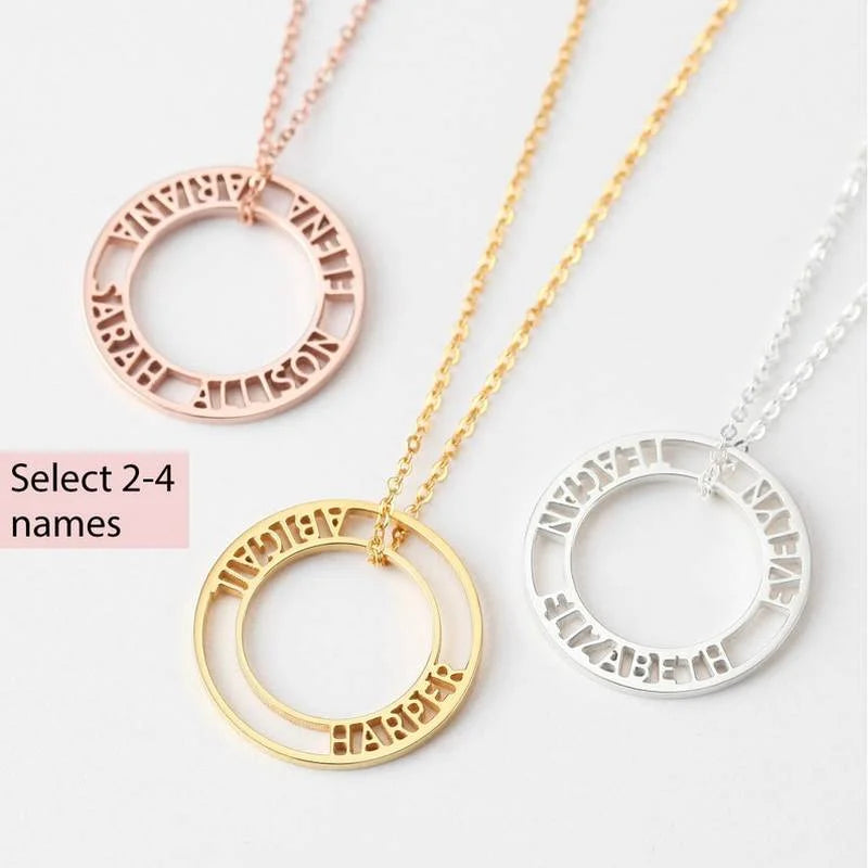 Personalized Stainless Steel Necklace with 2-4 Names Hollow Round Pendant Choker