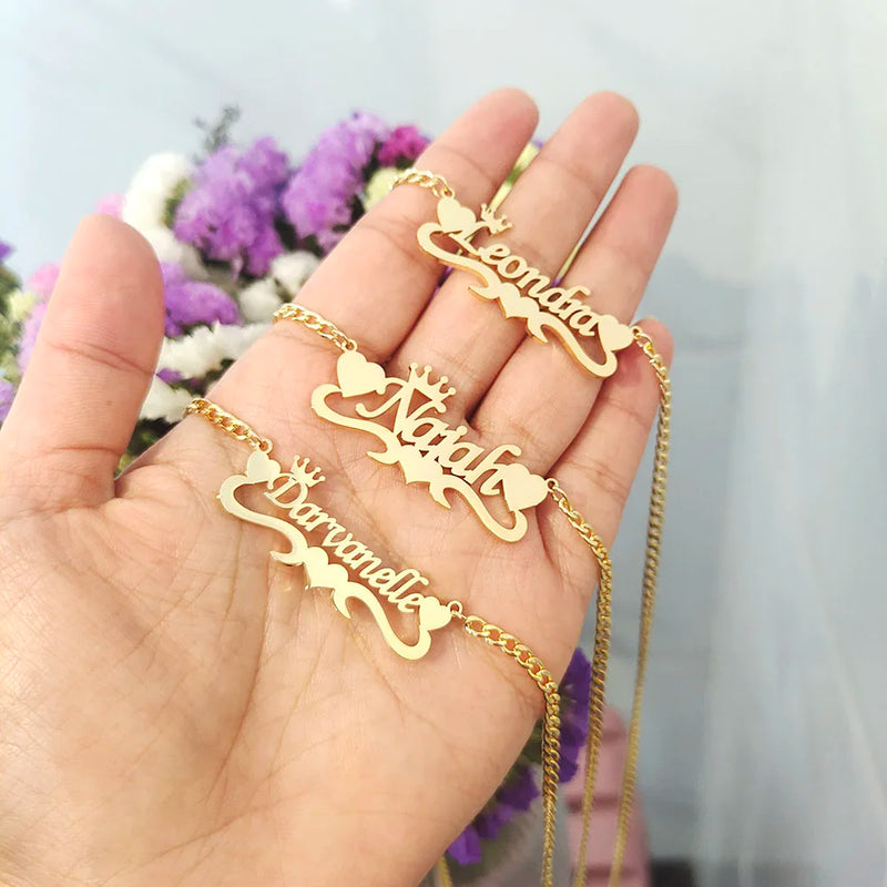 Personalized Name Heart Pendant Choker Necklace with Crown