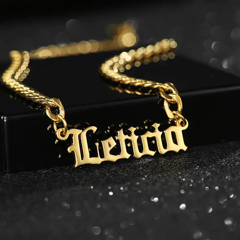 Old English Name Choker Plated Cuban Chain Initial Letter Necklace