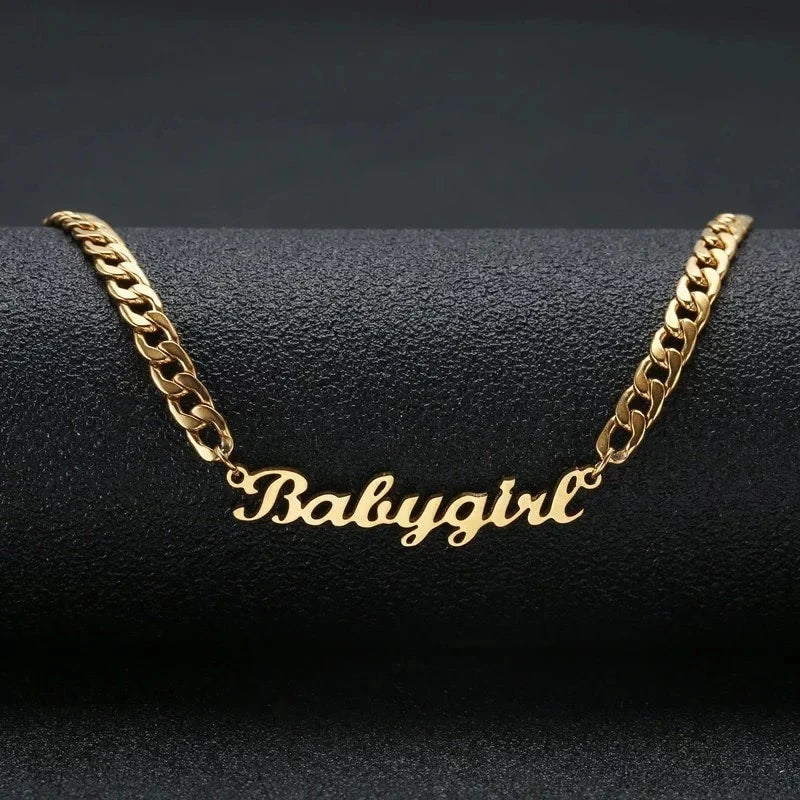Old English Nameplate Necklace Stainless Steel Cuban Chain Choker Necklaces