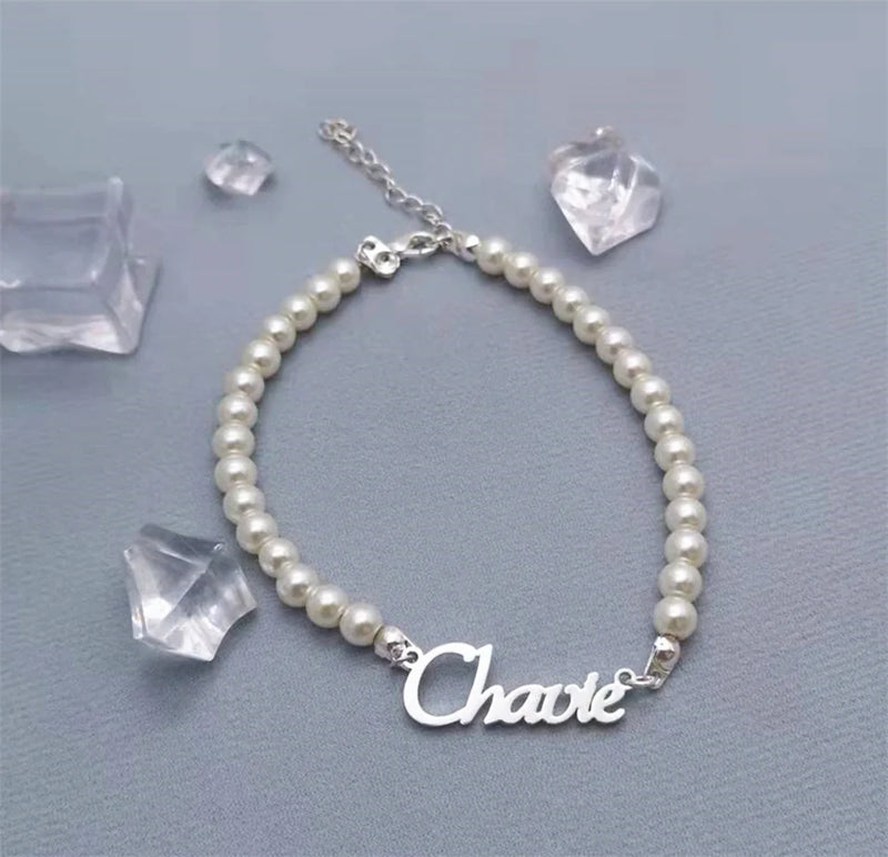 Pearl Name Bracelet Personalized Nameplate Bracelet Custom Letters Bracelet