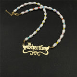 Personalized Pearl Name Necklace with Crown Pendant