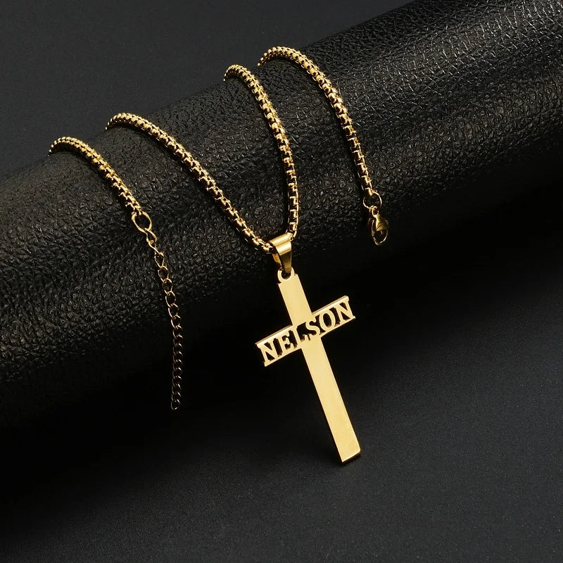 Cross Name Pendant Necklace Stainless Steel Men Necklaces Pearl Chain