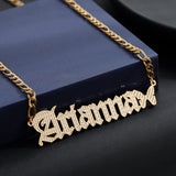 Custom Textured Old English Name Necklace with Cross Symbol in Stainless Steel