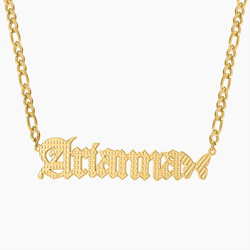 Custom Textured Old English Name Necklace with Cross Symbol in Stainless Steel