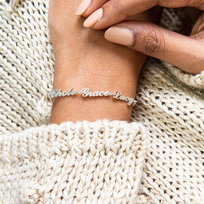 Personalized Names Bracelet Stainless Steel Charms Chain Engraved Handwriting