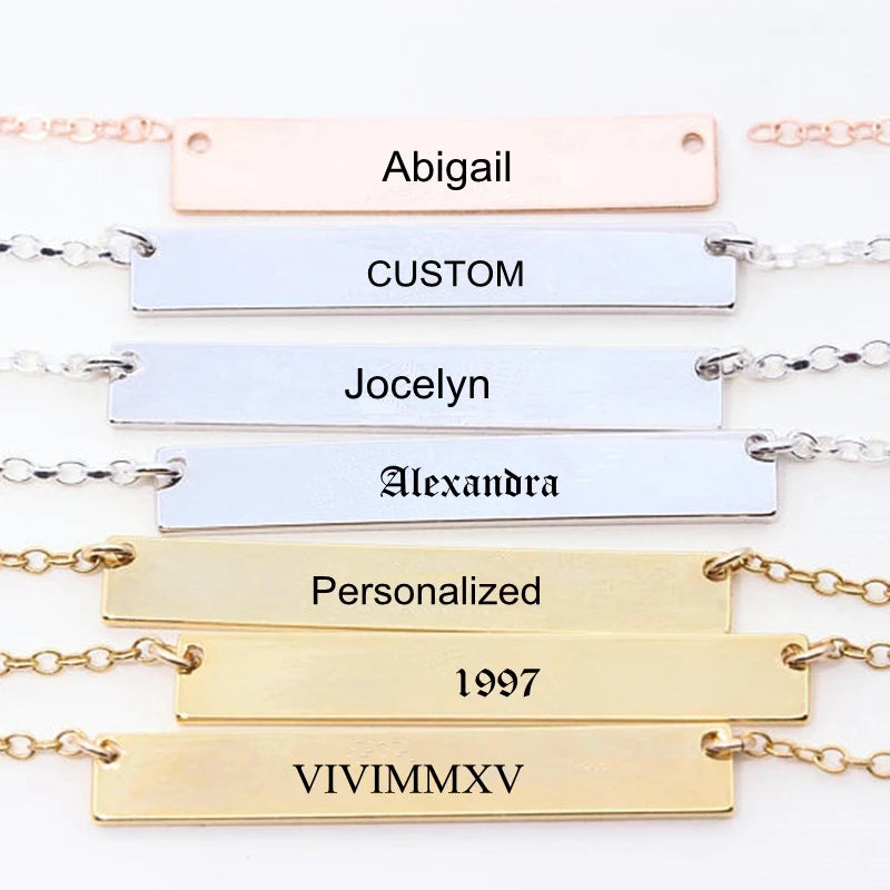 Personalized Bar Necklace Engraved Name Date Coordinates Initials Roman Numeral