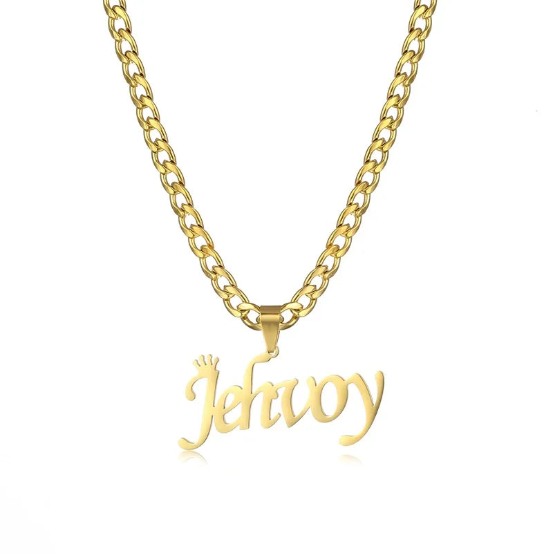 Crown Name Necklaces for Women Men Stainless Steel Thick Chain Necklace Pendant