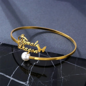 Personalized Name Bracelet Bangle For Women with Butterfly Pearl Stainless Steel