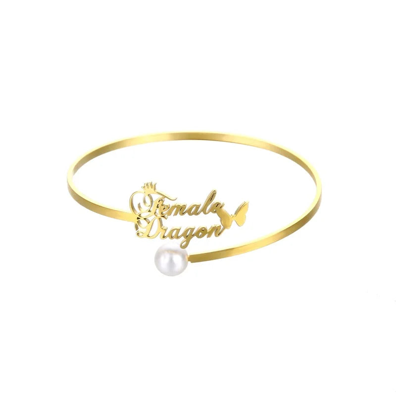 Personalized Name Bracelet Bangle For Women with Butterfly Pearl Stainless Steel