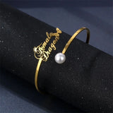 Personalized Name Bracelet Bangle For Women with Butterfly Pearl Stainless Steel