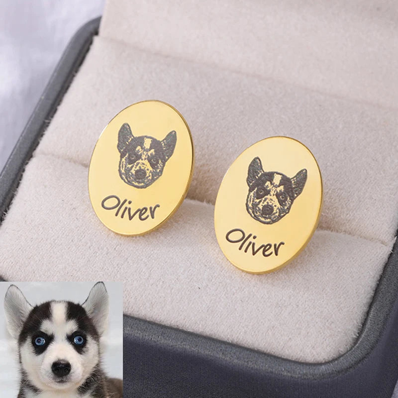 Personalized Pet Photo Earrings - Engraved Stainless Steel Animal Picture Studs