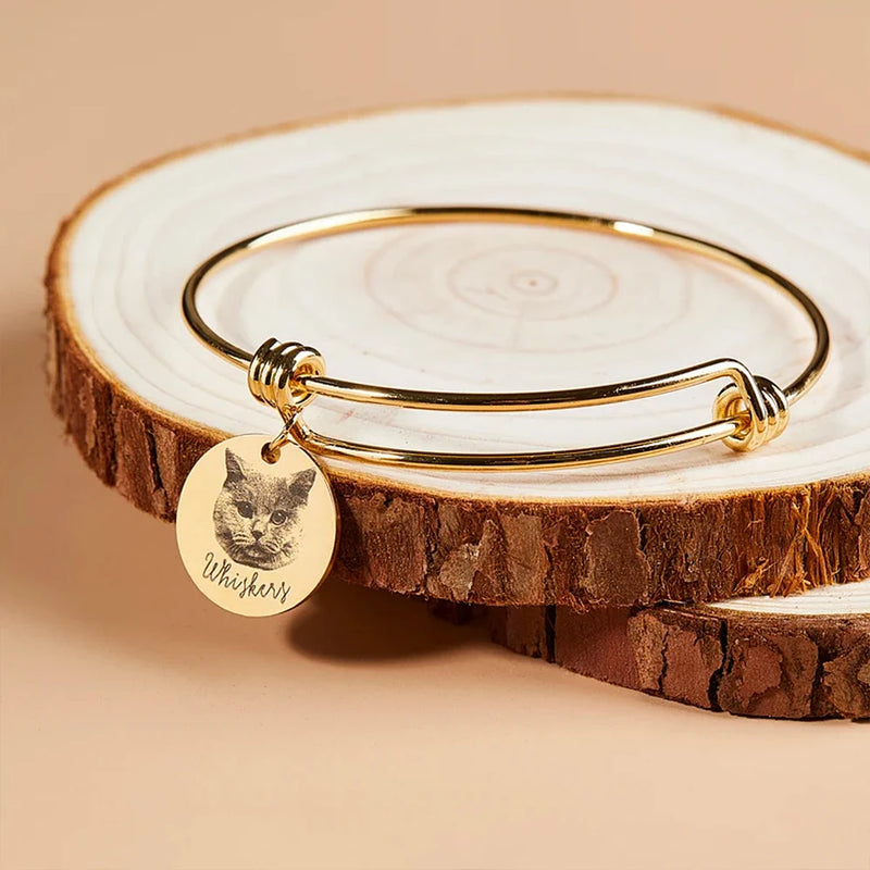 Personalized Pet Photo Women Bangle Name Pendant Bracelet