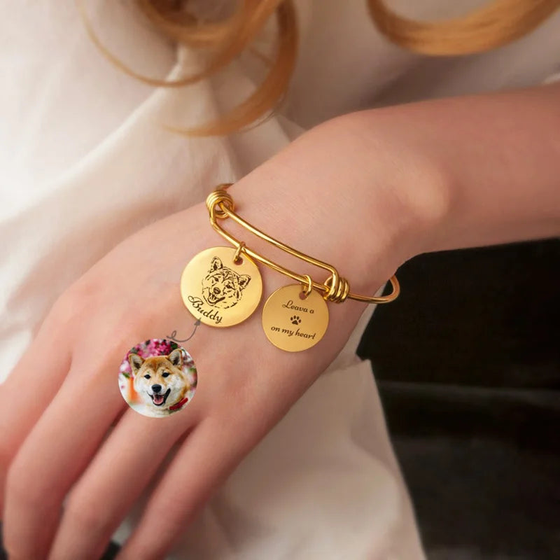Pet Portrait Bangle Stainless Steel with Engraving, Birthday Jewelry Gift