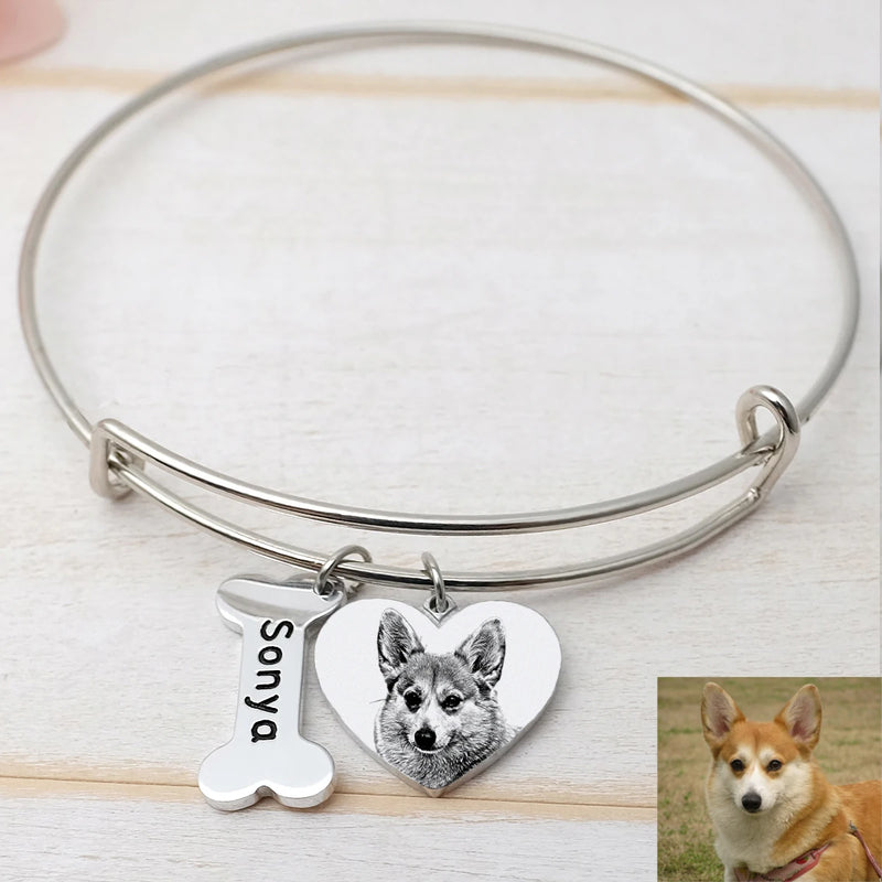 Personalized Pet Portrait Bracelet with Picture - Pet Name Bangle for Women