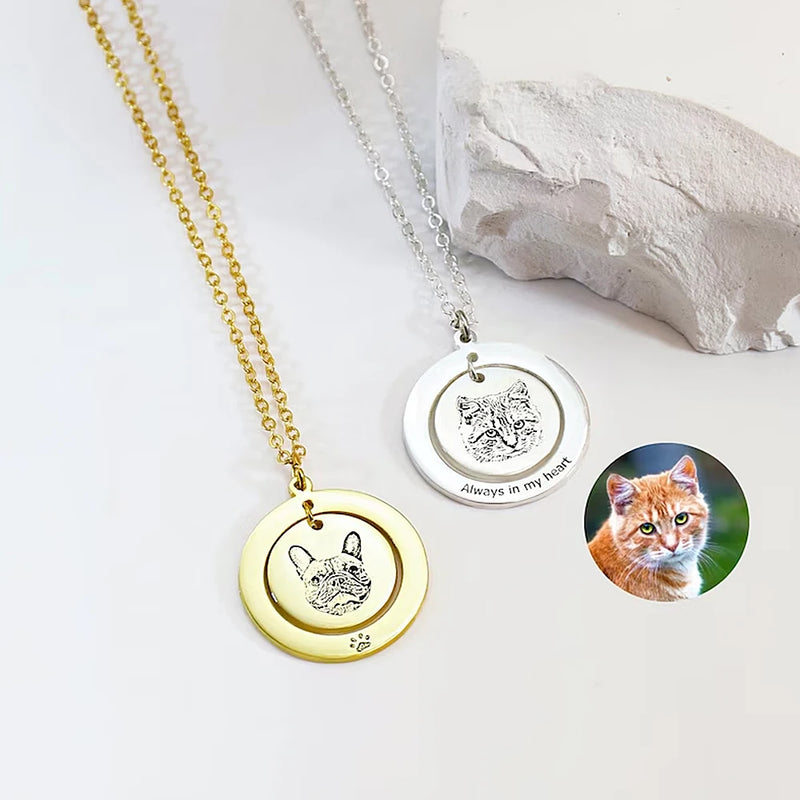 Pet Portrait Engraved Name Date Necklace Personalized Round Pendant