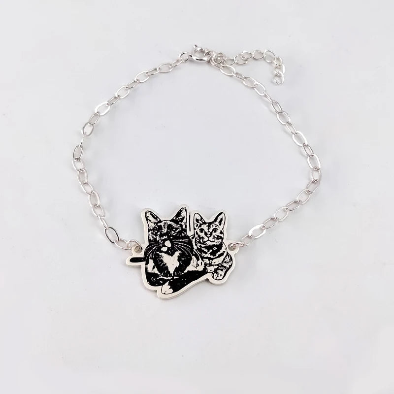 Personalized Pets Portrait Charm Bracelet Engraved Cat Dog Photo Pendant