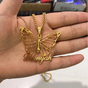Butterfly Name Necklace Custom Handwritten Nameplate Stainless Steel Jewelry