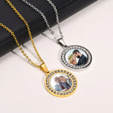 Custom Photo Necklace Round CZ Stainless Steel Chain Personalized Pendant