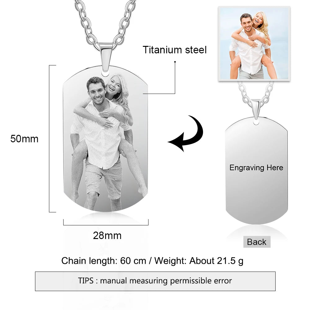 Stainless Steel Engraved Photo Necklace Dog Tag ID Name Pendant