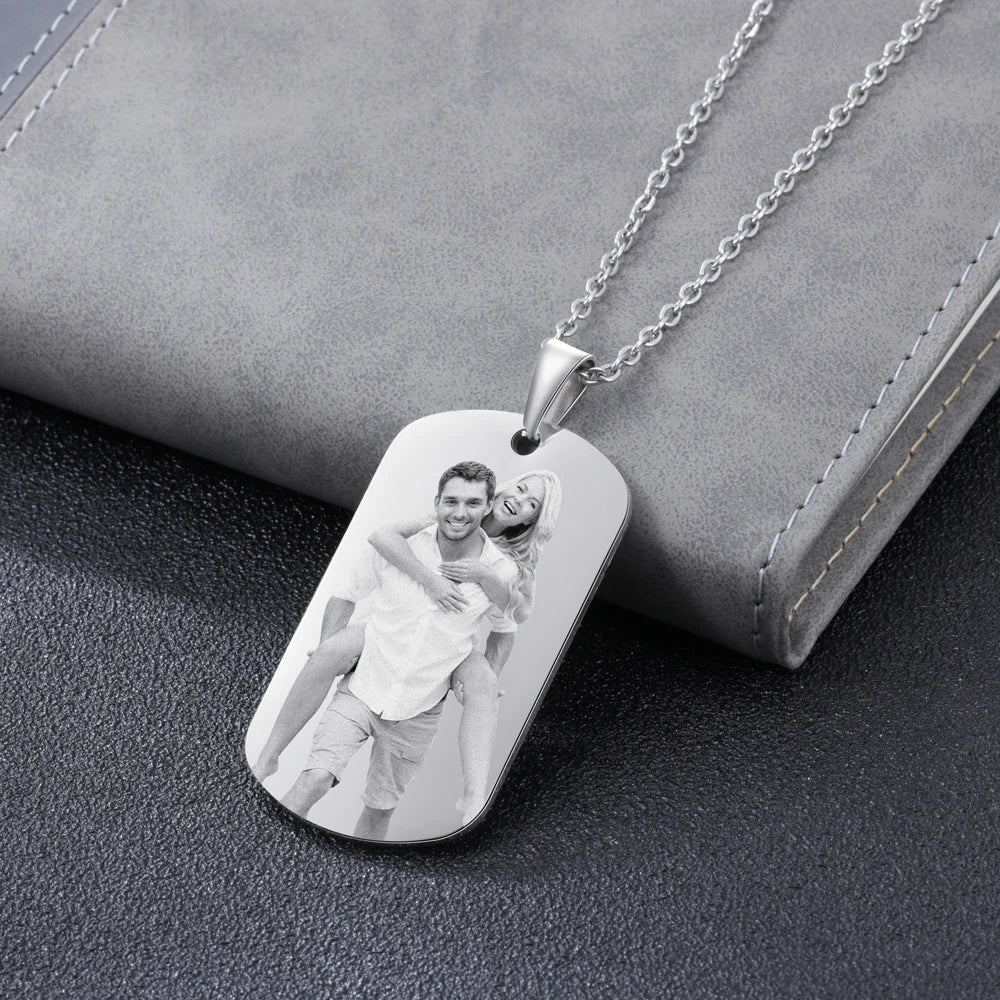 Stainless Steel Engraved Photo Necklace Dog Tag ID Name Pendant