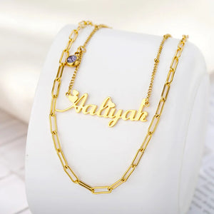 Personalized Birthstone Name Necklace for Women with Double Pendants