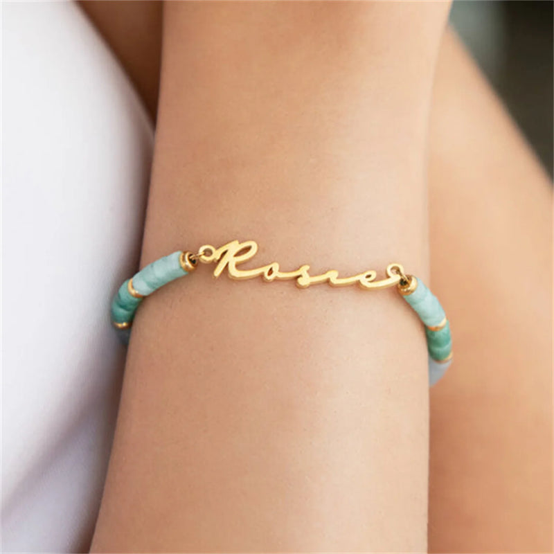 Personalized Quartz Beaded Name Bracelet Bangle Stainless Steel Jewelry Gift