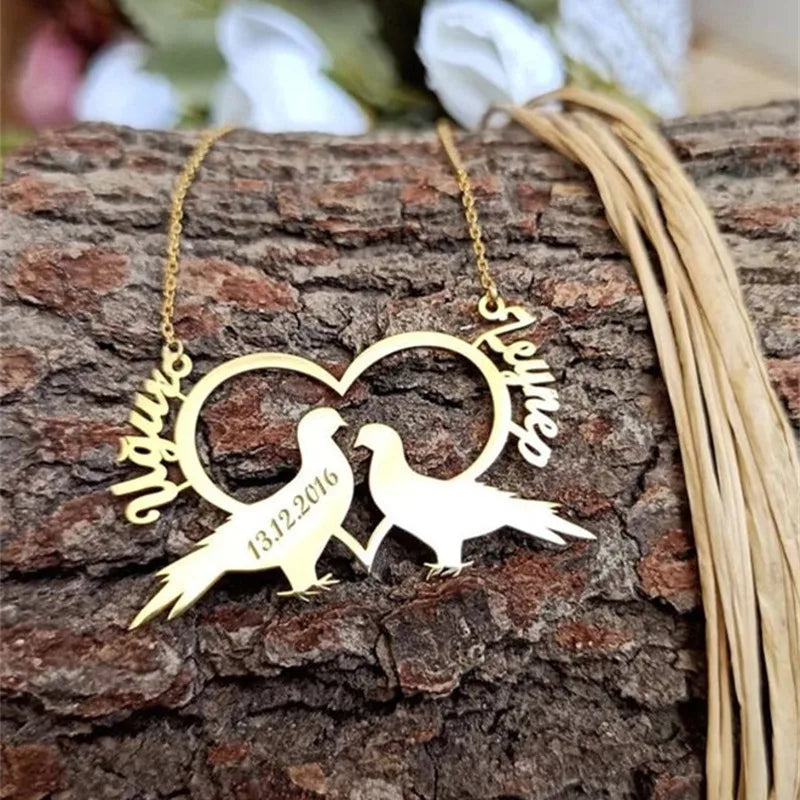 Love Birds Necklace Personalized Couple Names & Date Engraved