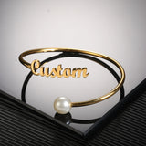 Round Pearl Name Bangles for Women Personalized Zirconia Nameplate Cuff