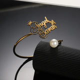 Round Pearl Name Bangles for Women Personalized Zirconia Nameplate Cuff