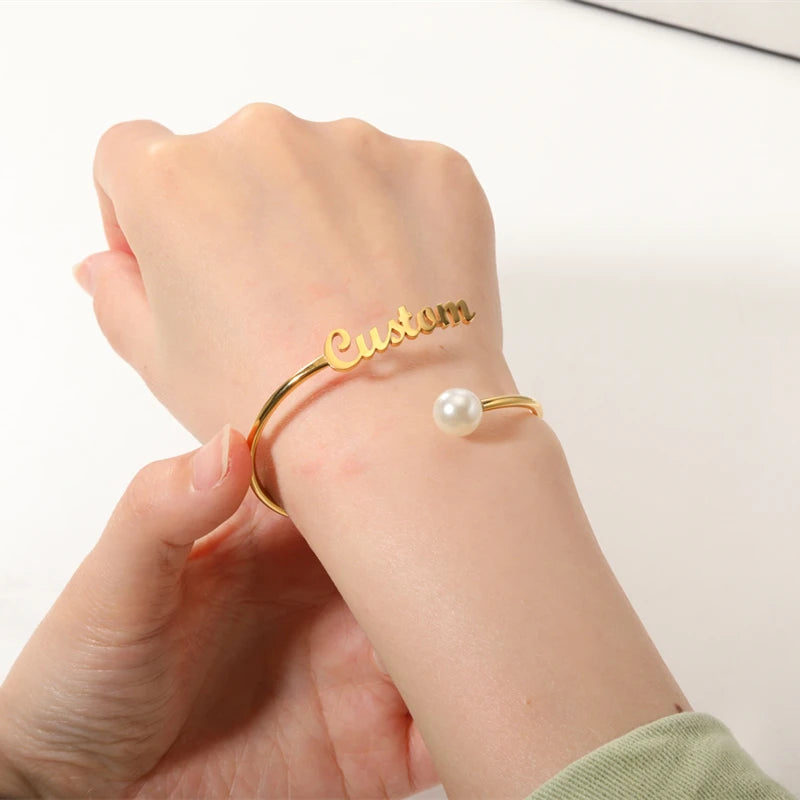 Round Pearl Name Bangles for Women Personalized Zirconia Nameplate Cuff