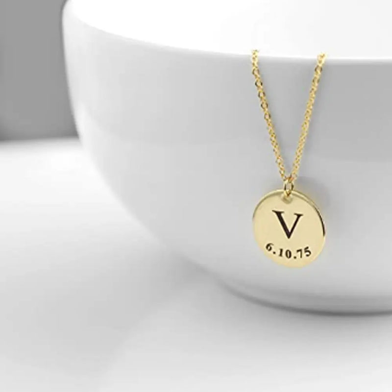 Personalized Round Pendant Name Necklace for Women, Stainless Steel Engraving