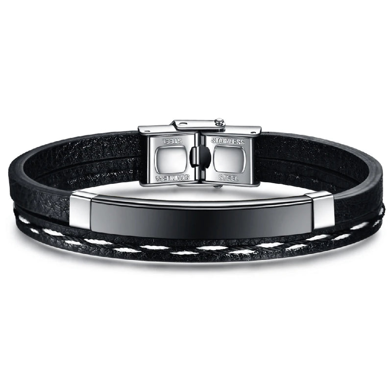 Stainless Steel Charm Leather Wrap Bracelet For Men Women Adjustable