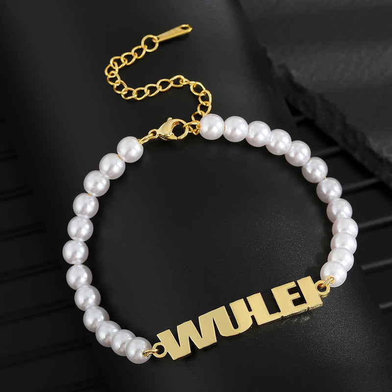 Personalized Stainless Steel Nameplate Bracelet with Pearls