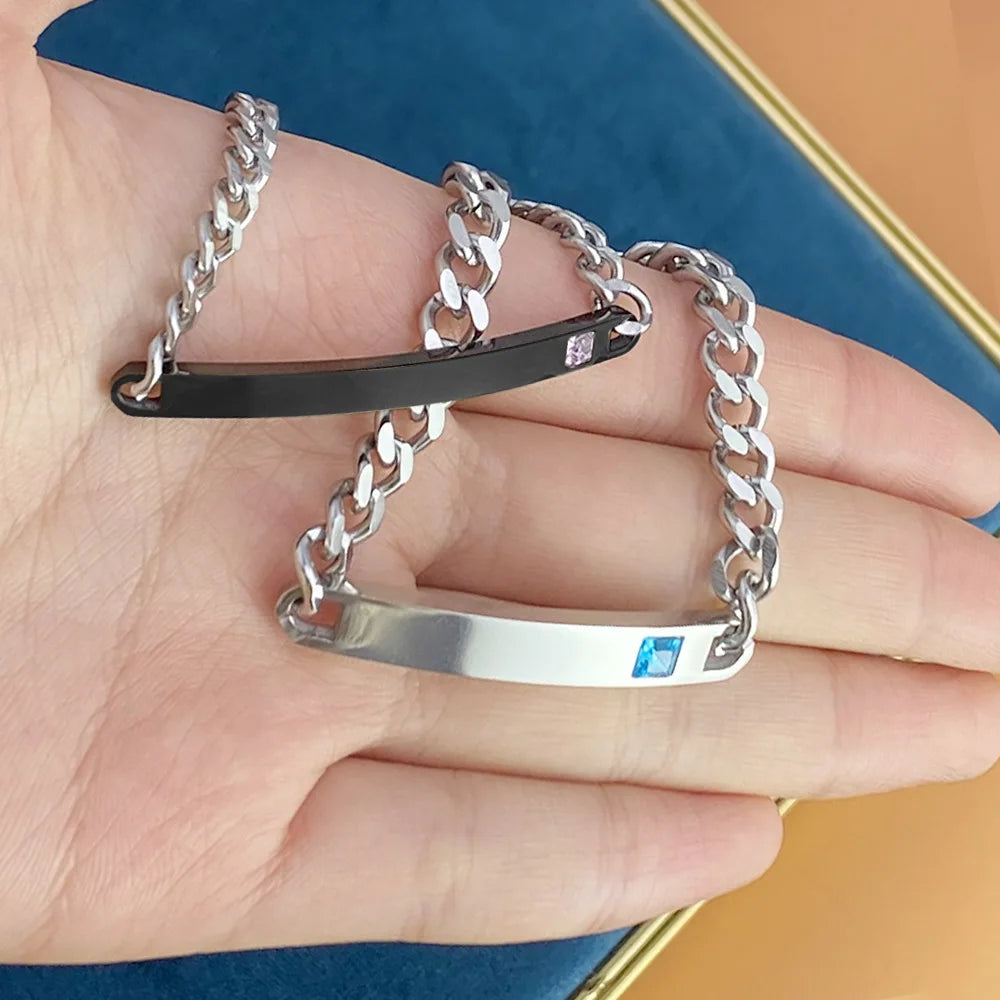 Engraved Name Date Couple Bracelet Stainless Steel Queen King Tag