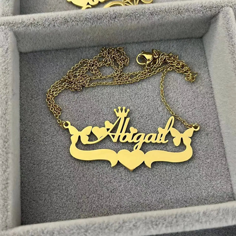 Personalized Stainless Steel Name Necklace with Heart Diamond Crown