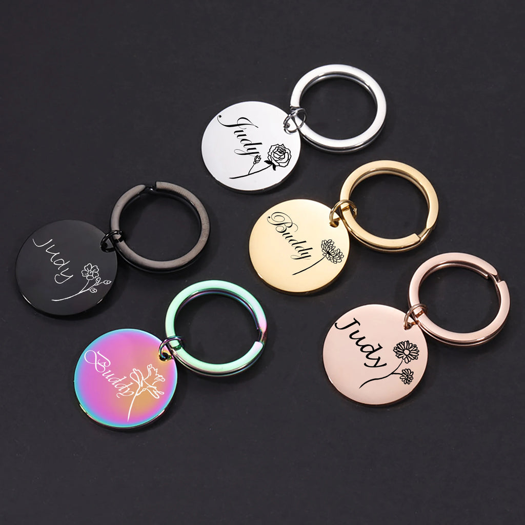 Stainless Steel Pet ID Tags Engraved Name Keychain Birth Flower Charm
