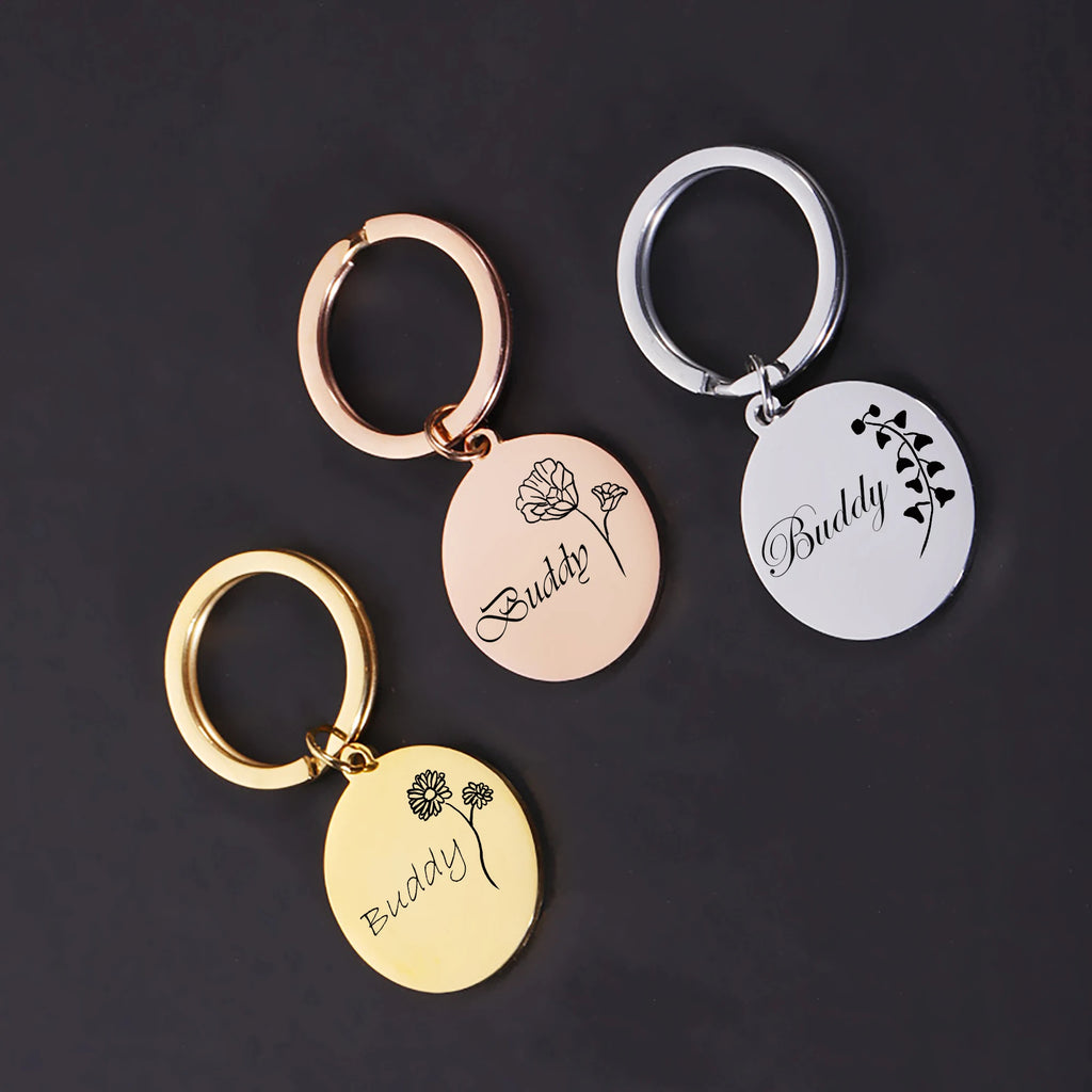 Stainless Steel Pet ID Tags Engraved Name Keychain Birth Flower Charm