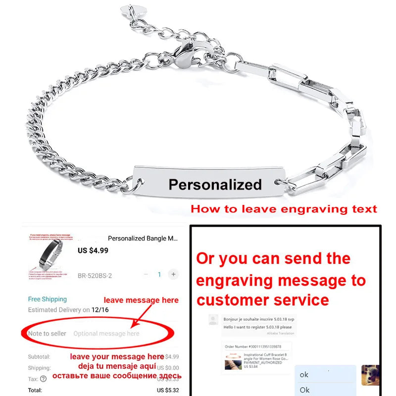 Personalized Stainless Steel Bar Bracelet with Nameplate, Paperclip Chain Design