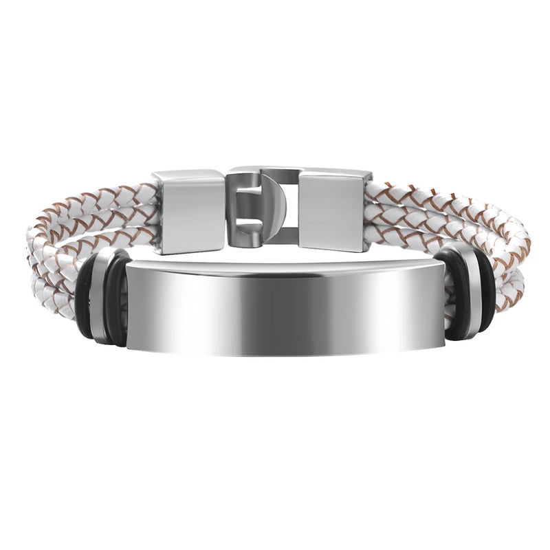 Custom Engraved Leather Bracelet with Stainless Steel Band