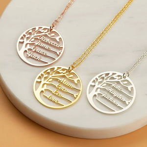 Family Tree of Life Necklace Stainless Steel 1-4 Names Round Pendant Jewelry
