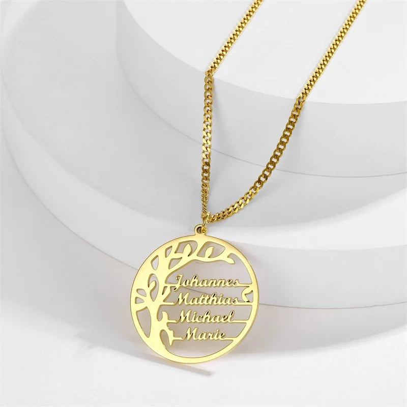 Personalized Tree of Life Necklace Stainless Steel Family 1-4 Names Pendant