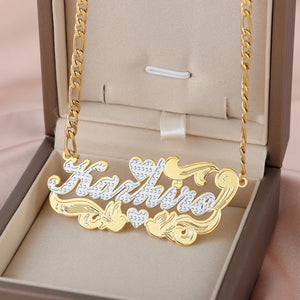 Personalized Two Tone Heart Nameplate Necklace Cuban Link Chain