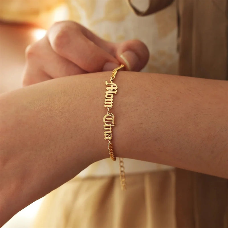 Personalized Couples Bracelet Old English Letters Cuban Chain