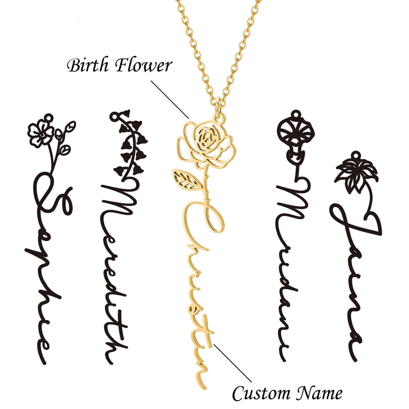 Vertical Name Necklace Birthday Flower Personalized Name Pendant Jewelry