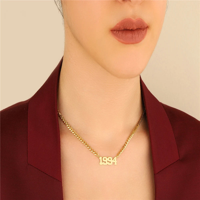 Year Necklace Stainless Steel Cuban Chain Choker Personalized Number Pendant