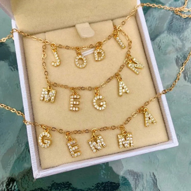 Zircon Letter Necklace Initial Pendant Stainless Steel Chain Jewelry For Women